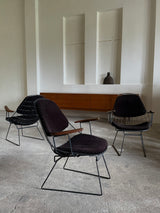 CEES BRAAKMAN & ADRIAAN DECKER FOR PASTOE „FM06“ WIRE CHAIRS TEAK ARMREST VELVET CORDUROY, NETHERLANDS 1950s