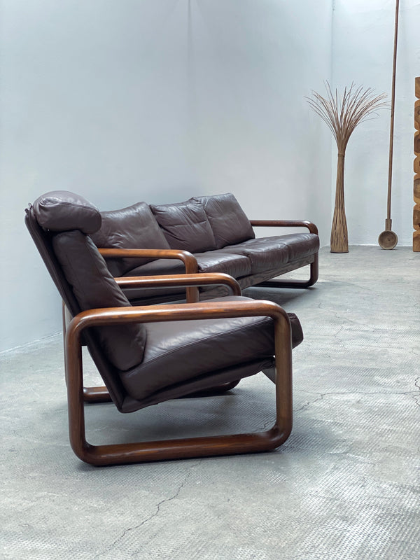 BURKHARD VOGTHERR FOR ROSENTHAL STUDIOLINE „HOMBRE“ ARMCHAIR & 3-SEATER SOFA ASH WOOD LEATHER, GERMANY 1970s
