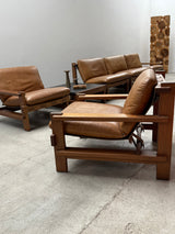 CARL STRAUB MODULAR SEATING GROUP ARMCHAIR COFFEE TABLE IM SOLID PINE WOOD, COGNAC LEATHER, GERMANY 1960s
