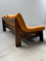 MAISON REGAIN LEATHER OAK ARMCHAIRS & SOFA, FRANCE 1970s