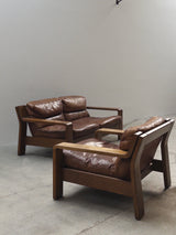 ROLF BENZ ‚RB5200’ ARMCHAIR & SOFA SET OAK WOOD BROWN LEATHER, GERMANY 1970s