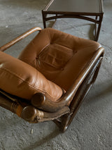 IKEA „BADEN“ BAMBOO COGNAC LEATHER SEATING GROUP 2 ARMCHAIRS, SOFA & COFFEE TABLE, SWEDEN 1970s