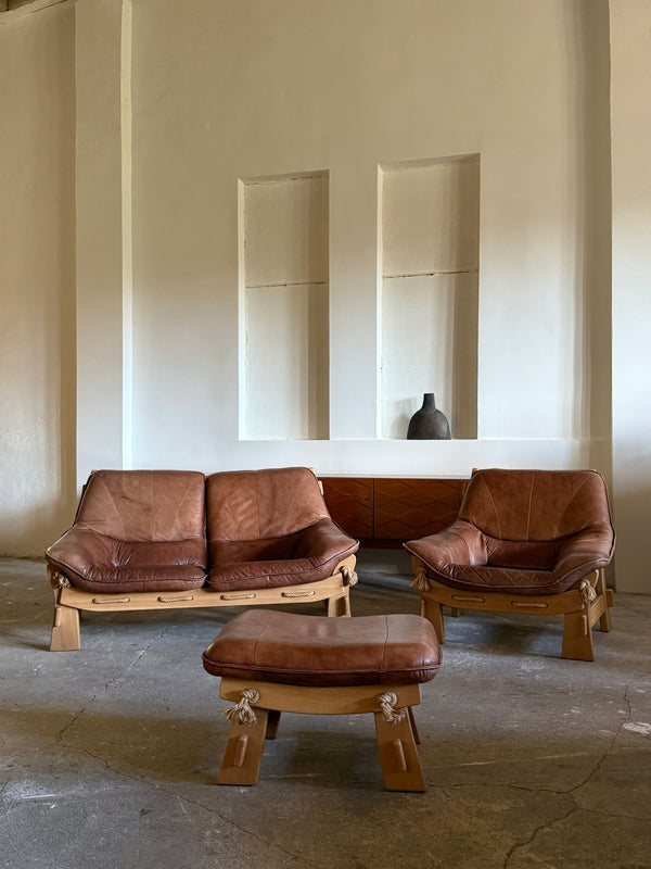 MAISON REGAIN ARMCHAIR, 2-SEATER & OTTOMAN SET LEATHER OAK WOOD, FRANCE 1960s