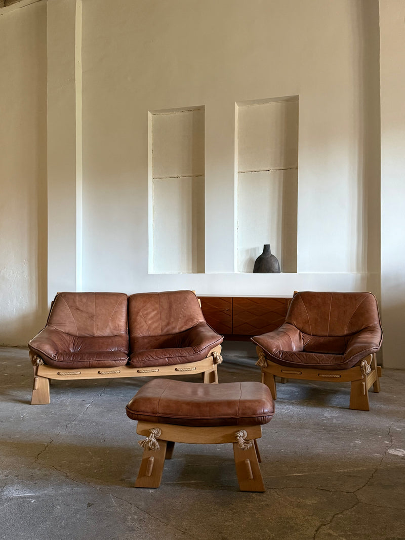 MAISON REGAIN ARMCHAIR, 2-SEATER & OTTOMAN SET LEATHER OAK WOOD, FRANCE 1960s