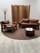 ROLF BENZ ARMCHAIR & SOFA SET OAK BROWN SADDLE LEATHER, GERMANY 1970s