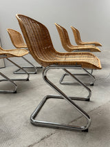 SET OF 6 GASTONE RINALDI RATTAN CANE CANTILEVER DINING CHAIRS WITH CHROMED TUBULAR STEEL FRAME, ITALY 1960s