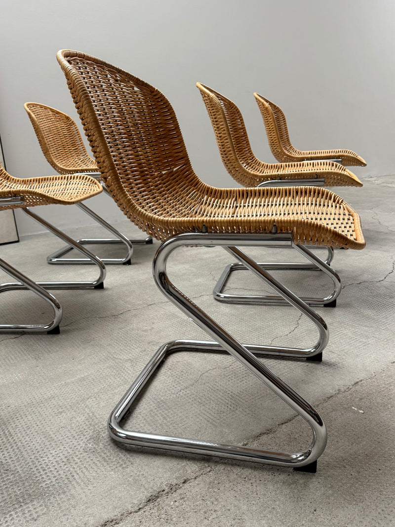 SET OF 6 GASTONE RINALDI RATTAN CANE CANTILEVER DINING CHAIRS WITH CHROMED TUBULAR STEEL FRAME, ITALY 1960s