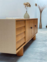 Esche Holz Makassar Sideboard 223cm mit Tatami Optik Beschichtung 1970er Jahre