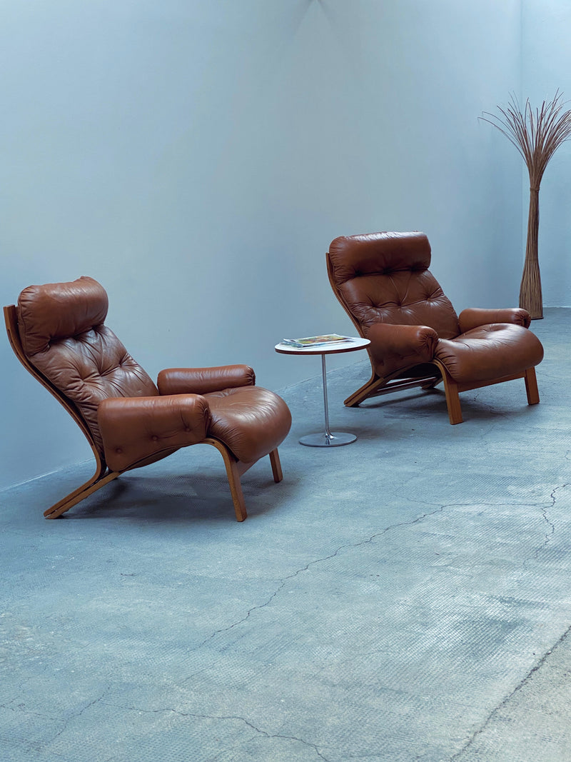 Elsa & Nordahl Solheim für Rykken & Co. Modular Sessel Sofa Sitzgruppe Teakholz Cognac Leder, Norwegen 1970er Jahre