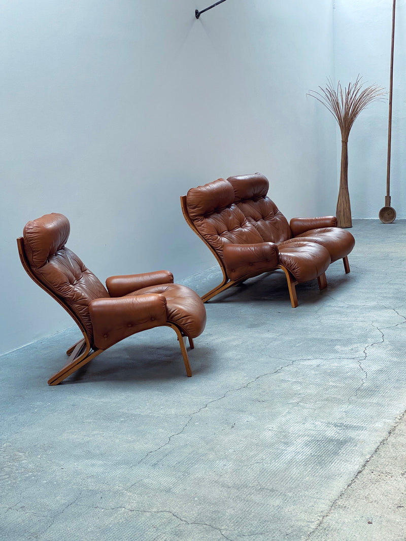 Elsa & Nordahl Solheim für Rykken & Co. Modular Sessel Sofa Sitzgruppe Teakholz Cognac Leder, Norwegen 1970er Jahre