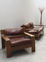 ROLF BENZ ‚RB5200’ ARMCHAIR & SOFA SET OAK WOOD BROWN LEATHER, GERMANY 1970s