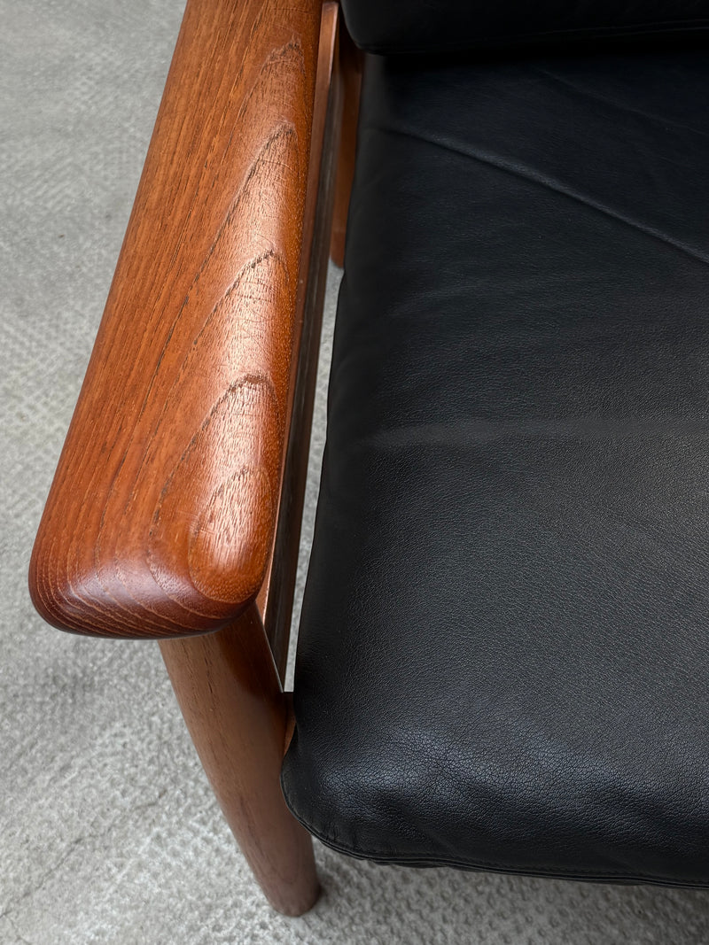 WILHELM KNOLL TEAK WOOD LEATHER BLACK ARMCHAIRS & 2-SEATER SOFA, GERMANY 1960s