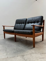 WILHELM KNOLL TEAK WOOD LEATHER BLACK ARMCHAIRS & 2-SEATER SOFA, GERMANY 1960s
