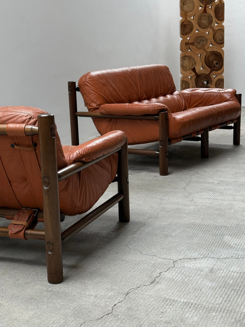 SEATING GROUP - ARMCHAIR & 2 SOFAS LEATHER, OAK WOOD, BRAZIL 1970s