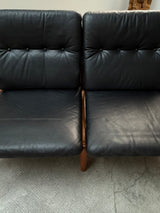WILHELM KNOLL TEAK WOOD LEATHER BLACK ARMCHAIRS & 2-SEATER SOFA, GERMANY 1960s