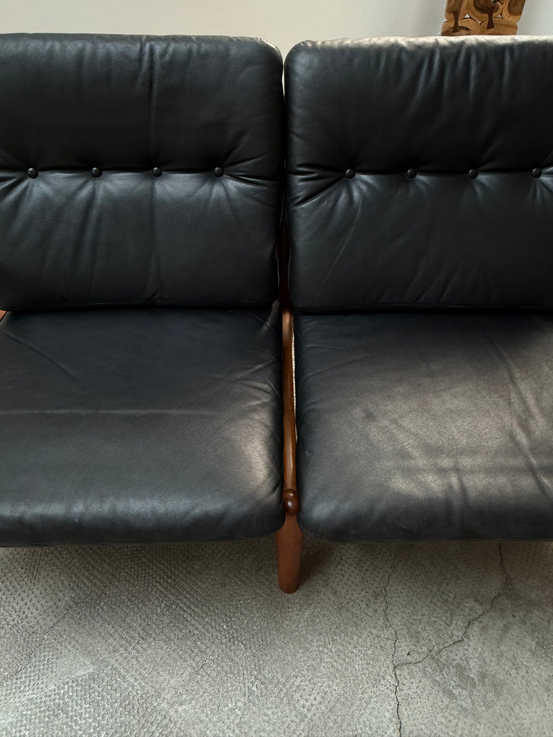 WILHELM KNOLL TEAK WOOD LEATHER BLACK ARMCHAIRS & 2-SEATER SOFA, GERMANY 1960s