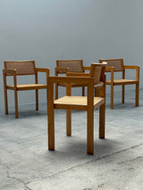 DERK JAN DE VRIES FOR MAISA DE SEVESO DINING TABLE & 4 CHAIRS SET ASH WOOD RATTAN, ITALY 1970S