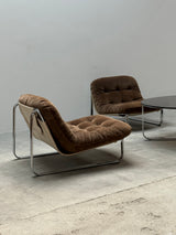 BROWN SUEDE & CANVAS LOUNGE CHAIRS IN CHROMED STEEL FRAME & COFFEE TABLE, 1960s