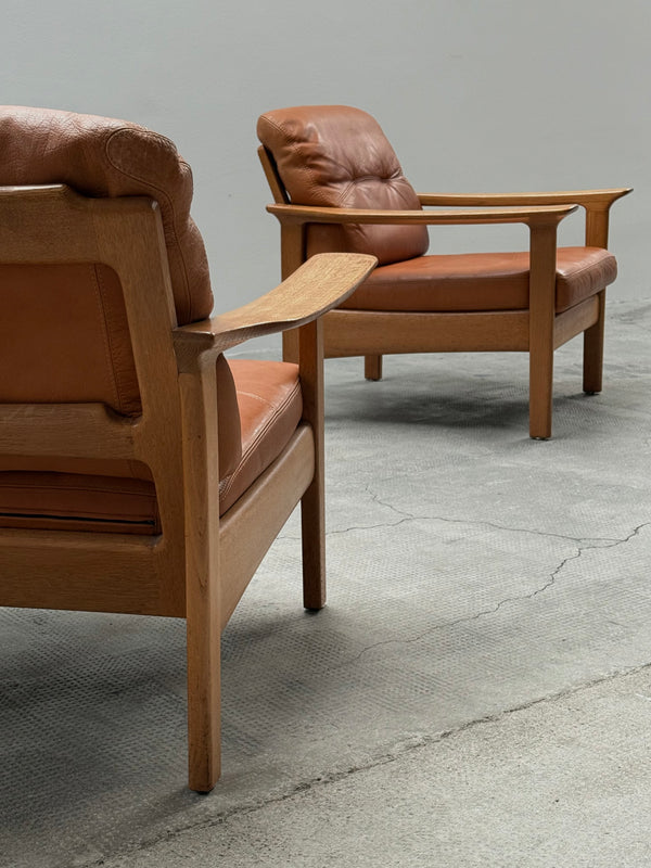 WILHELM KNOLL OAK WOOD COGNAC LEATHER ARMCHAIRS, GERMANY 1970s