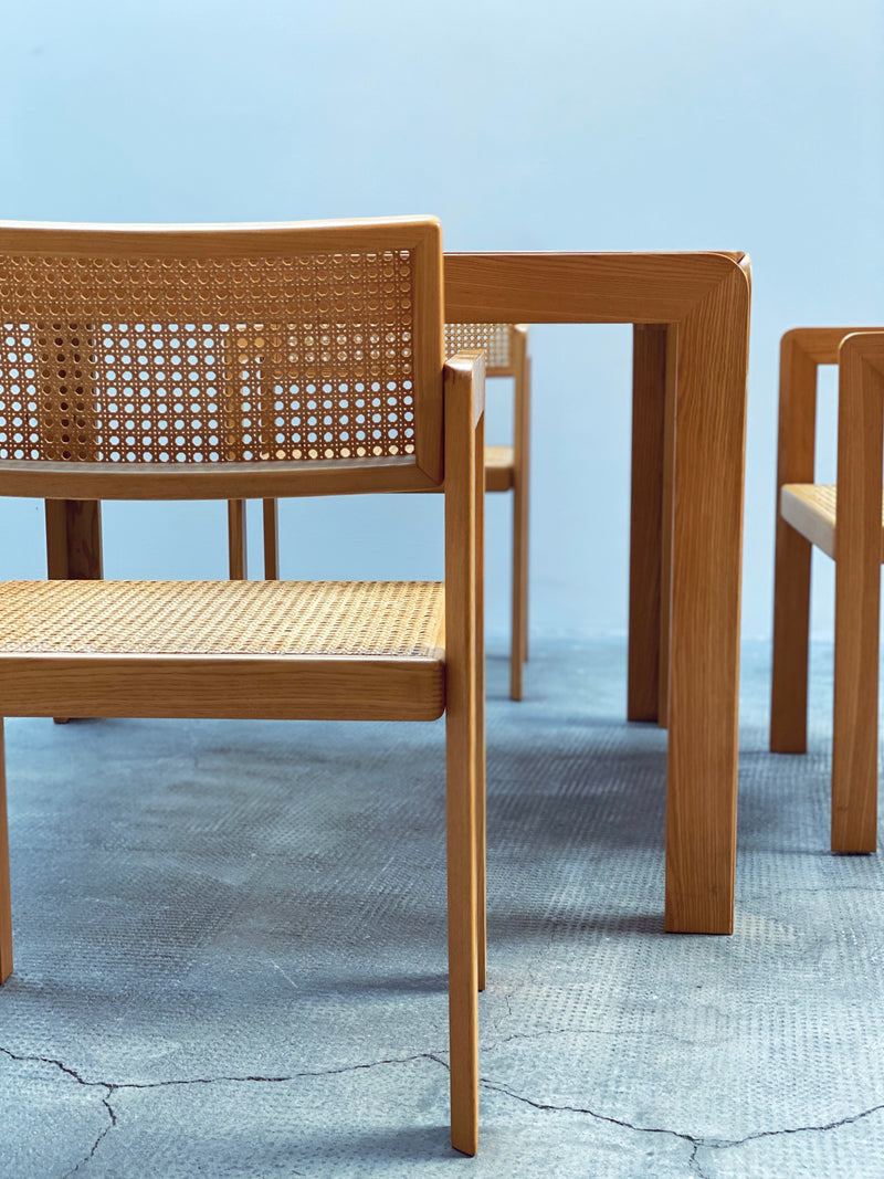 DERK JAN DE VRIES FOR MAISA DE SEVESO DINING TABLE & 4 CHAIRS SET ASH WOOD RATTAN, ITALY 1970S