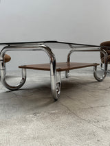 XL MIDCENTURY COFFEE TABLE CHROMED TUBULAR STEEL BROWN GLASS, 1960s