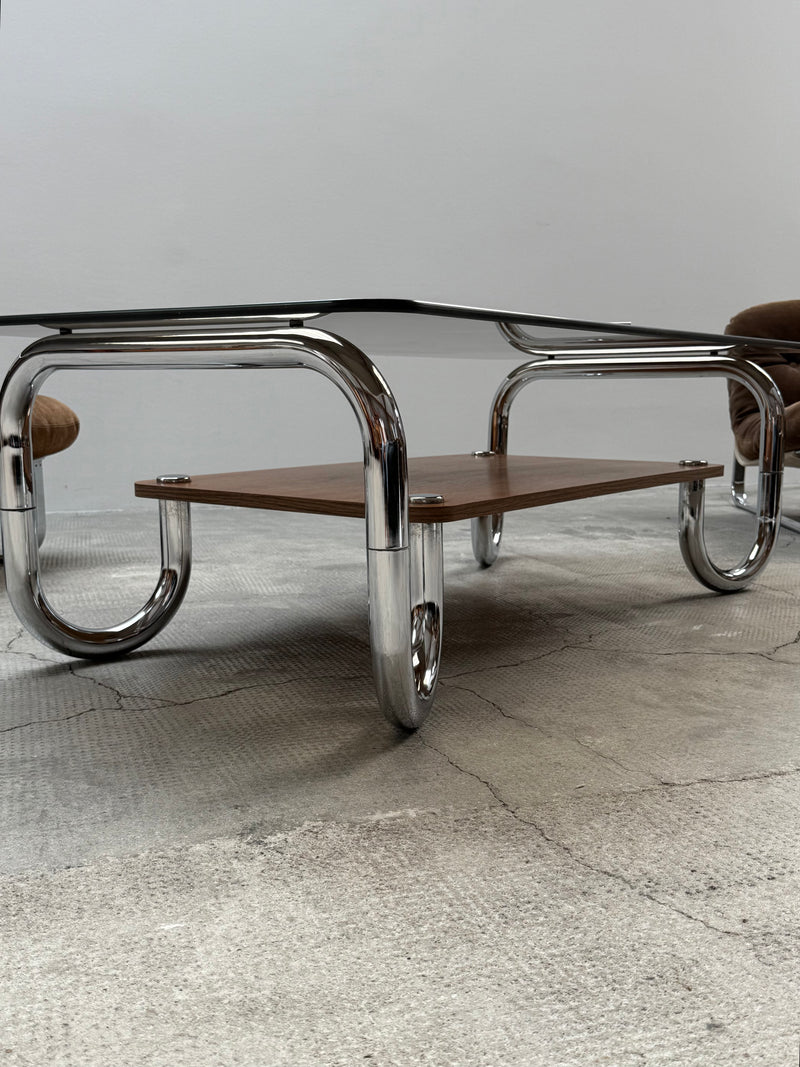 XL MIDCENTURY COFFEE TABLE CHROMED TUBULAR STEEL BROWN GLASS, 1960s