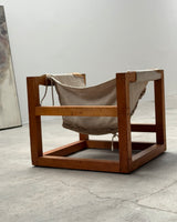 HEINZ WITTHOEFT „TAIL 4“ SCULPTURAL LOUNGE CHAIR, PINE WOOD CANVAS LEATHER, GERMANY 1950s