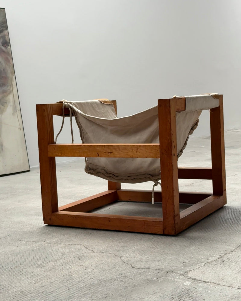 HEINZ WITTHOEFT „TAIL 4“ SCULPTURAL LOUNGE CHAIR, PINE WOOD CANVAS LEATHER, GERMANY 1950s
