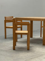 DERK JAN DE VRIES FOR MAISA DE SEVESO DINING TABLE & 4 CHAIRS SET ASH WOOD RATTAN, ITALY 1970S