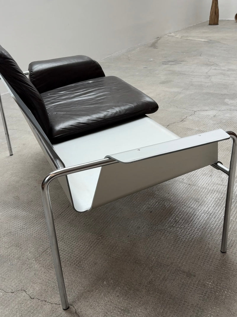 RARE TUBULAR STEEL, ALUMINIUM & BROWN LEATHER 2-SEATER SOFA, GERMANY 1960s