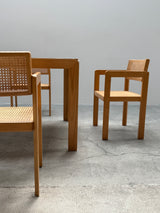 DERK JAN DE VRIES FOR MAISA DE SEVESO DINING TABLE & 4 CHAIRS SET ASH WOOD RATTAN, ITALY 1970S