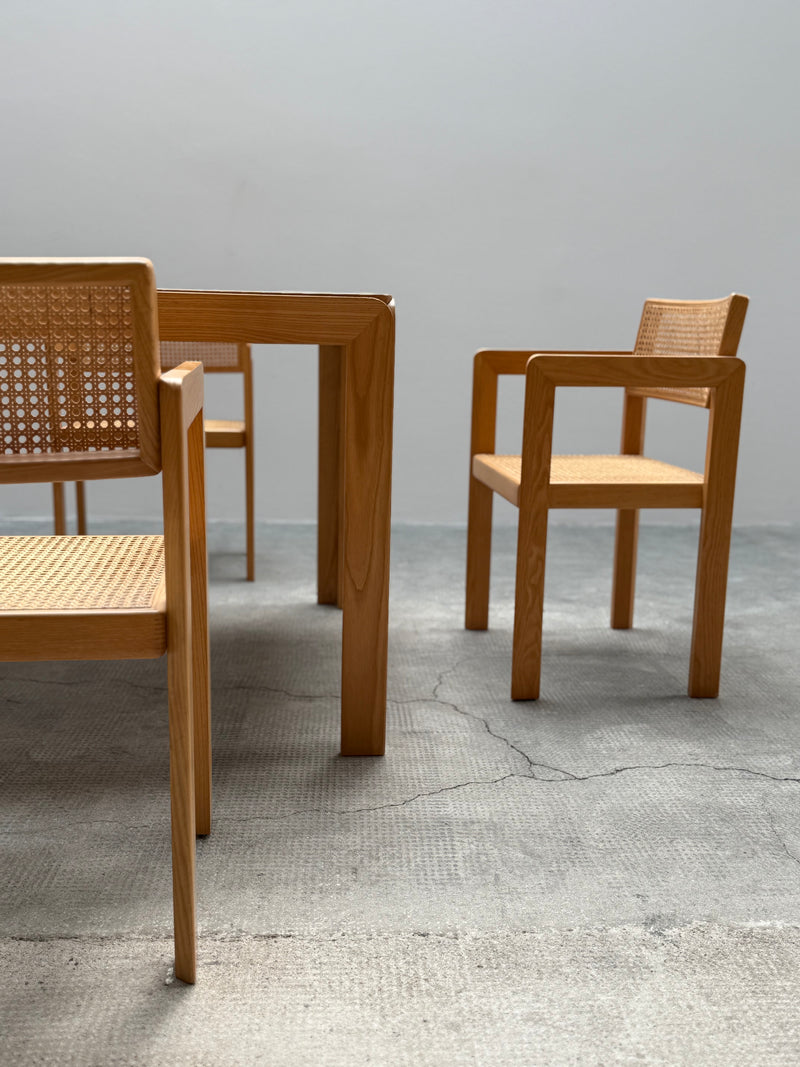 DERK JAN DE VRIES FOR MAISA DE SEVESO DINING TABLE & 4 CHAIRS SET ASH WOOD RATTAN, ITALY 1970S