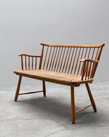 ARNO LAMBRECHT FOR WK-MÖBEL SPINDLE BENCH BEECH WOOD WOVEN RUSH, GERMANY 1950s