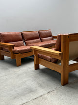MODULAR ARMCHAIR SOFA SET SOLID PINE COGNAC LEATHER, SCANDINAVIA 1970s