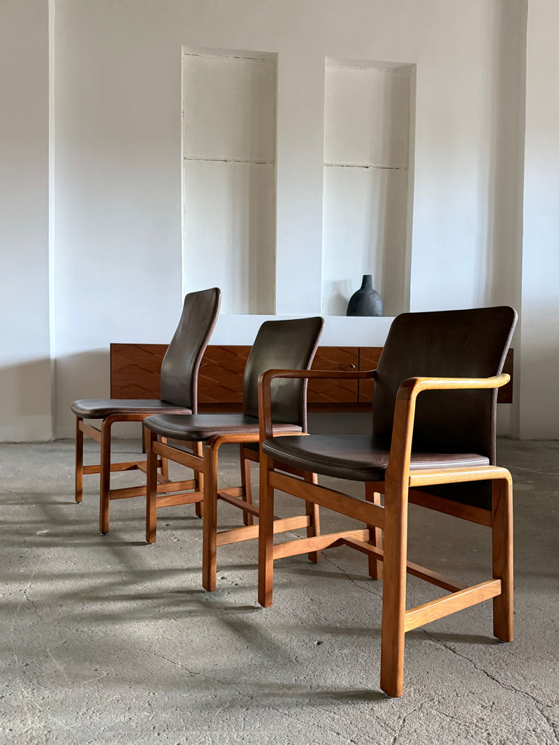L. OLSEN & SØNS MØBELFABRIK TEAK LEATHER DINING CHAIRS, DENMARK 1960s