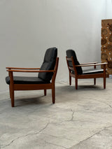 WILHELM KNOLL TEAK WOOD LEATHER BLACK ARMCHAIRS & 2-SEATER SOFA, GERMANY 1960s