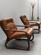 IKEA „BADEN“ BAMBOO LEATHER SEATING ENSEMBLE 2 ARMCHAIRS & SOFA, SWEDEN 1970s