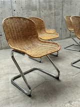 SET OF 6 RATTAN CANE CANTILEVER CHAIRS WITH CHROMED TUBULAR STEEL FRAME, ITALY 1970s