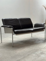 RARE TUBULAR STEEL, ALUMINIUM & BROWN LEATHER 2-SEATER SOFA, GERMANY 1960s