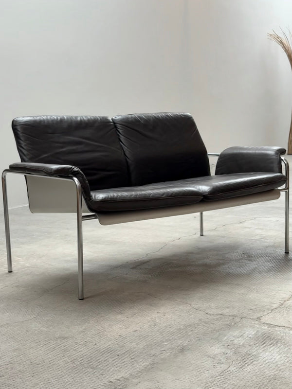 RARE TUBULAR STEEL, ALUMINIUM & BROWN LEATHER 2-SEATER SOFA, GERMANY 1960s