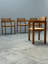 DERK JAN DE VRIES FOR MAISA DE SEVESO DINING TABLE & 4 CHAIRS SET ASH WOOD RATTAN, ITALY 1970S