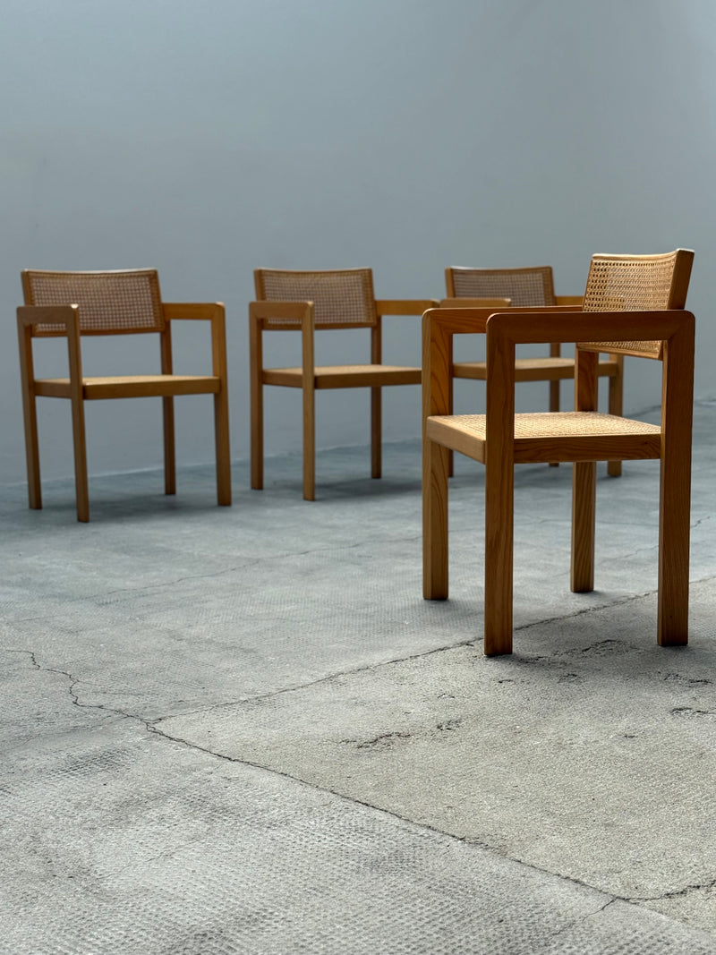 DERK JAN DE VRIES FOR MAISA DE SEVESO DINING TABLE & 4 CHAIRS SET ASH WOOD RATTAN, ITALY 1970S