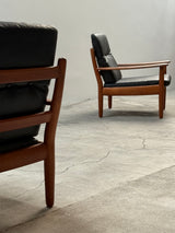 WILHELM KNOLL TEAK WOOD LEATHER BLACK ARMCHAIRS & 2-SEATER SOFA, GERMANY 1960s
