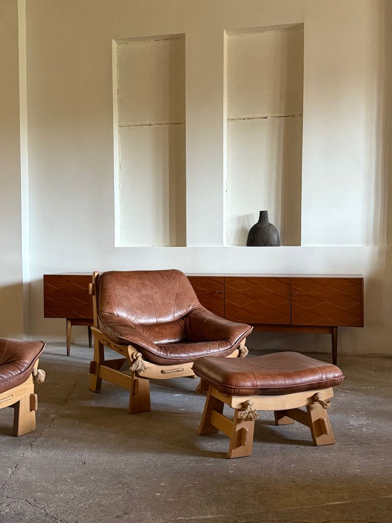 MAISON REGAIN ARMCHAIR, 2-SEATER & OTTOMAN SET LEATHER OAK WOOD, FRANCE 1960s