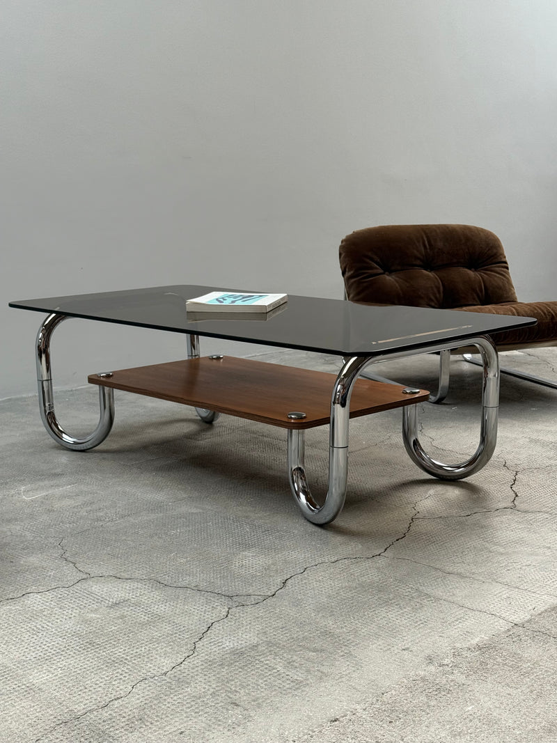 XL MIDCENTURY COFFEE TABLE CHROMED TUBULAR STEEL BROWN GLASS, 1960s