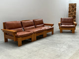 MODULAR ARMCHAIR SOFA SET SOLID PINE COGNAC LEATHER, SCANDINAVIA 1970s
