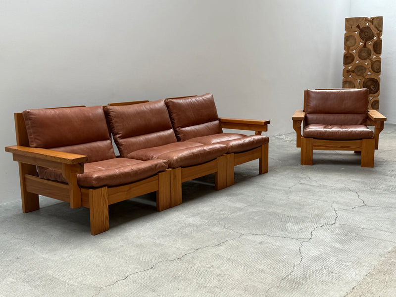 MODULAR ARMCHAIR SOFA SET SOLID PINE COGNAC LEATHER, SCANDINAVIA 1970s
