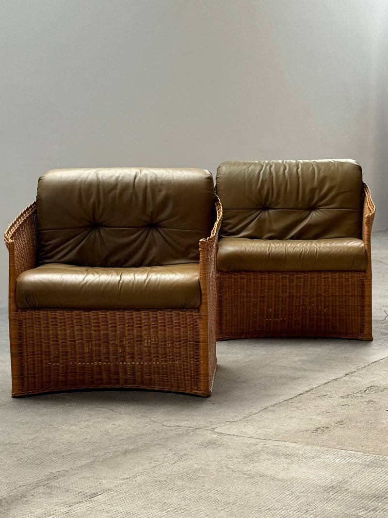 SET OF 2 RATTAN ARMCHAIRS WITH GREEN LEATHER CUSHIONS, FRANCE 1960s