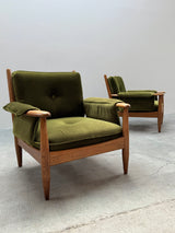 WILHELM KNOLL MODULAR ARMCHAIR COFFEE TABLE SET OAK GREEN VELVET CORDUROY, GERMANY 1960S