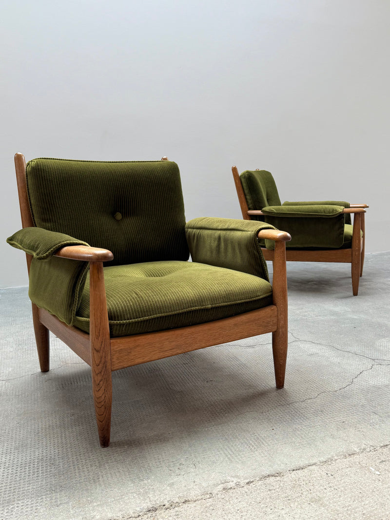 WILHELM KNOLL MODULAR ARMCHAIR COFFEE TABLE SET OAK GREEN VELVET CORDUROY, GERMANY 1960S